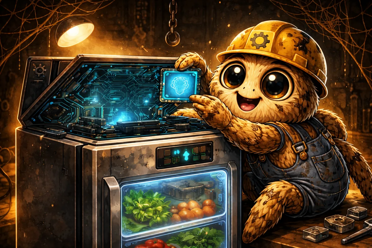 A friendly spider in a hard hat working on a smart fridge