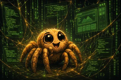 A spider in front of glowing web code